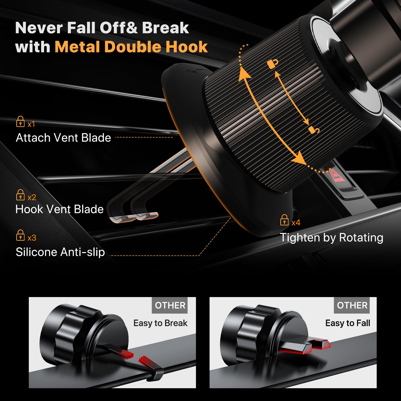 Miracase 2025 Car Phone Holder, Stable Double Steel-Hook Air Vent Car Phone Mount Cradle 360°Rotation, One Button Release Mobile Phone Holder for iPhone, Galaxy, All 4.0''-7'' Smartphones