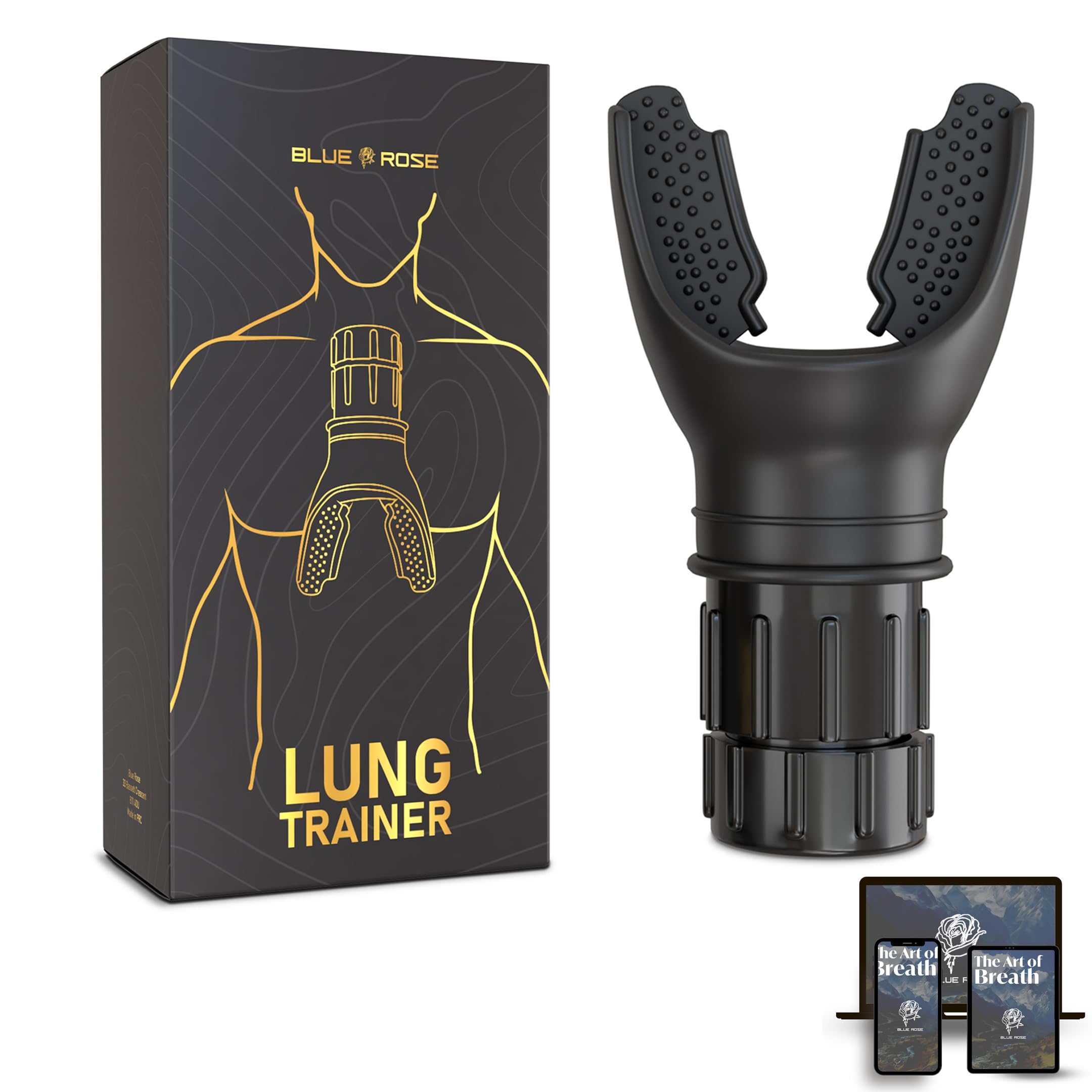 Blue Rose Lung Trainer with Adjustable Resistance Breathing Exerciser & Lung Cleanse Device for Enhanced Lung Capacity, Fitness & Respiratory Health – Includes Free eBook (Black)
