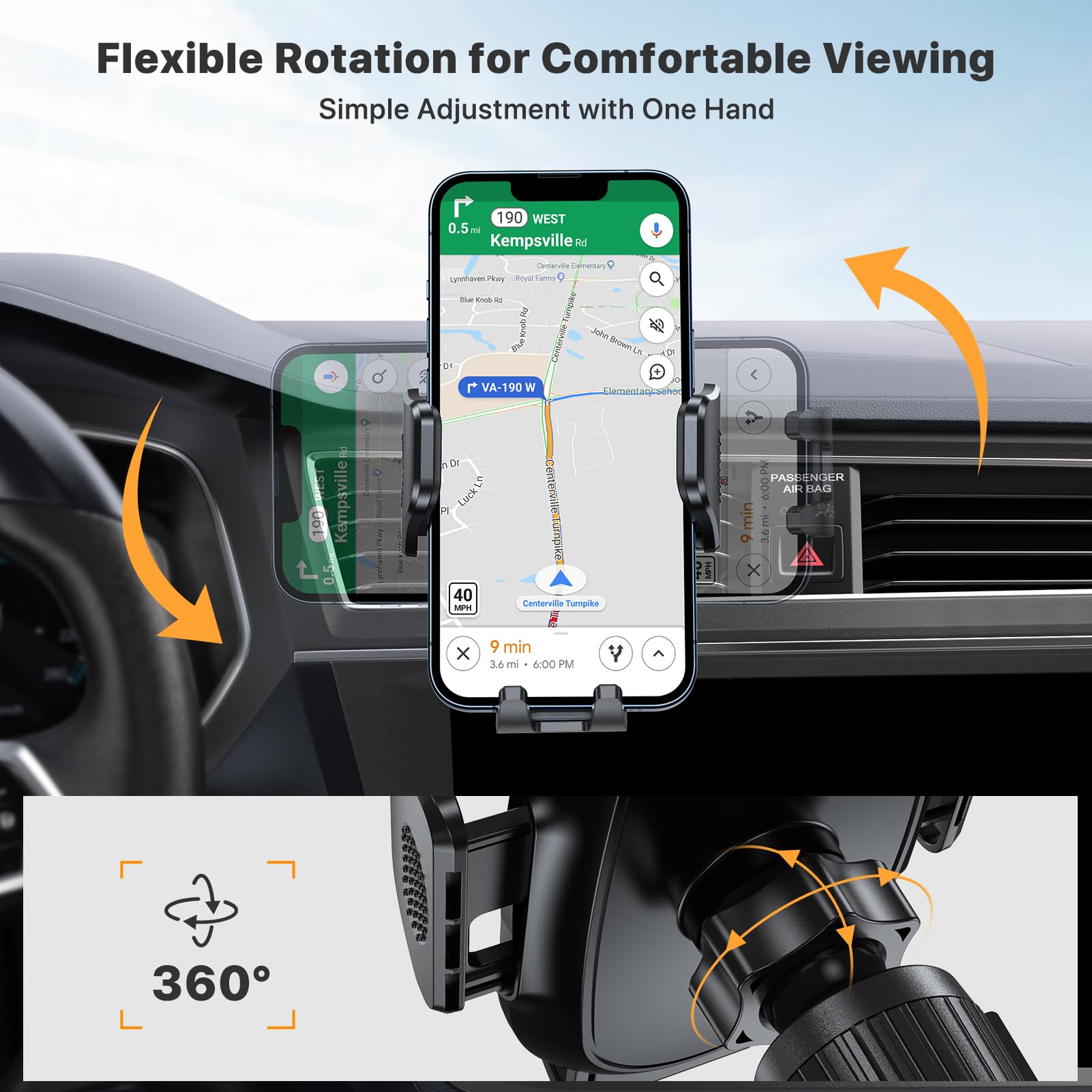 Miracase 2025 Car Phone Holder, Stable Double Steel-Hook Air Vent Car Phone Mount Cradle 360°Rotation, One Button Release Mobile Phone Holder for iPhone, Galaxy, All 4.0''-7'' Smartphones