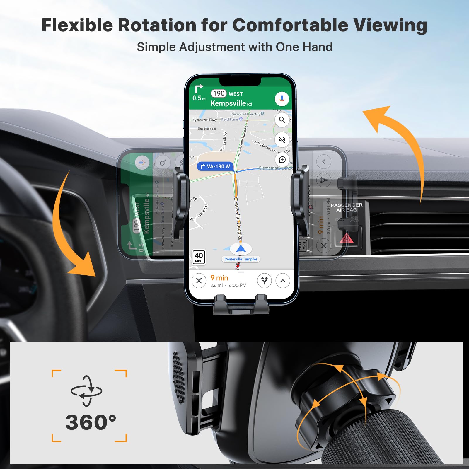 Miracase 2025 Car Phone Holder, Stable Double Steel-Hook Air Vent Car Phone Mount Cradle 360°Rotation, One Button Release Mobile Phone Holder for iPhone, Galaxy, All 4.0''-7'' Smartphones