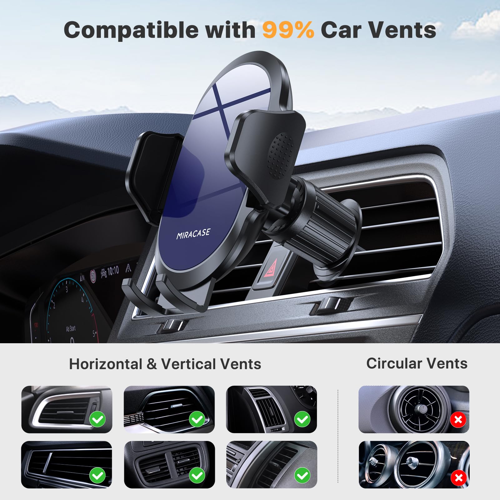 Miracase 2025 Car Phone Holder, Stable Double Steel-Hook Air Vent Car Phone Mount Cradle 360°Rotation, One Button Release Mobile Phone Holder for iPhone, Galaxy, All 4.0''-7'' Smartphones