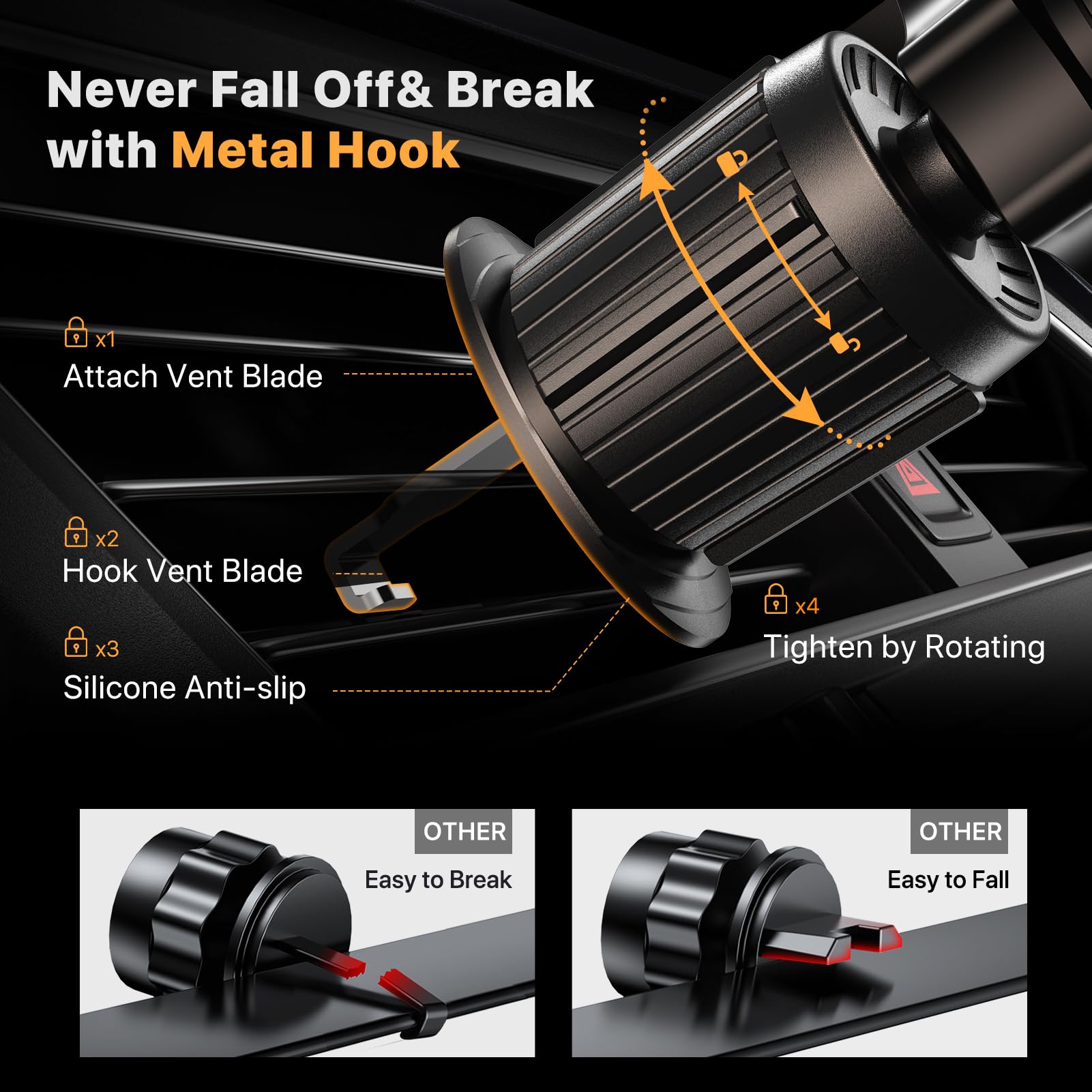 Miracase 2025 Car Phone Holder, Stable Double Steel-Hook Air Vent Car Phone Mount Cradle 360°Rotation, One Button Release Mobile Phone Holder for iPhone, Galaxy, All 4.0''-7'' Smartphones