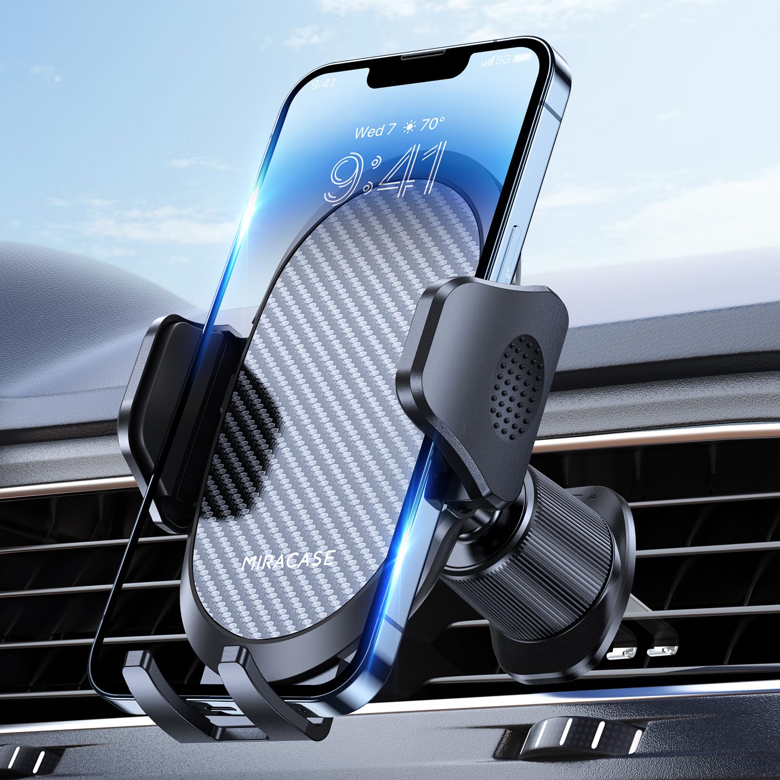 Miracase 2025 Car Phone Holder, Stable Double Steel-Hook Air Vent Car Phone Mount Cradle 360°Rotation, One Button Release Mobile Phone Holder for iPhone, Galaxy, All 4.0''-7'' Smartphones